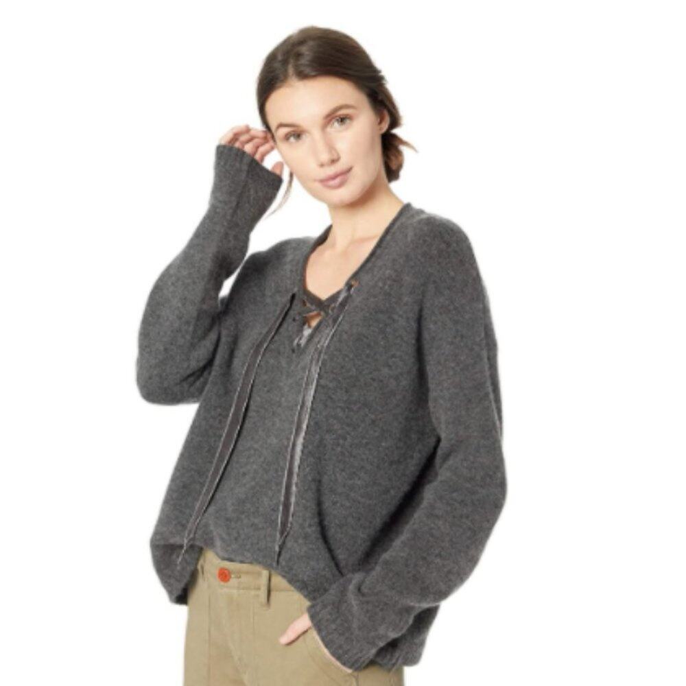 Rails Olivia Cashmere Blend Lace Up Sweater in Charcoal Grey